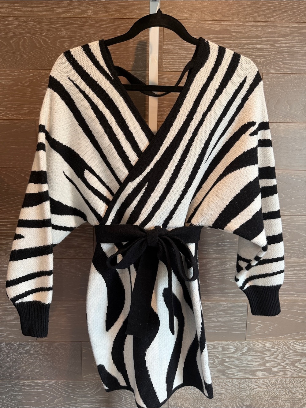 Zebra Wrap Sweater Dress with Belt